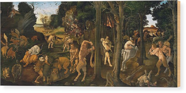 Piero Di Cosimo Wood Print featuring the painting A Hunting Scene by Piero di Cosimo by Mango Art