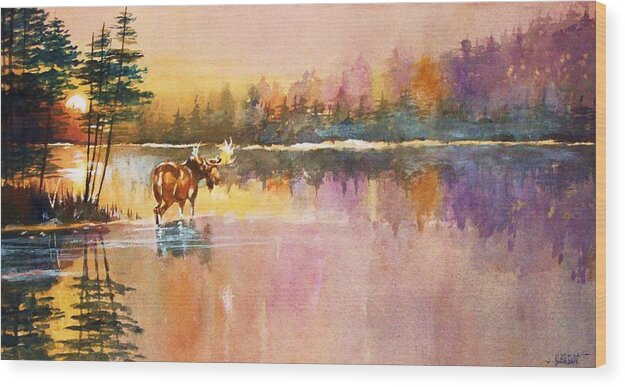 Moose Wood Print featuring the painting Vigil in the Shallows at Sunrise by Al Brown