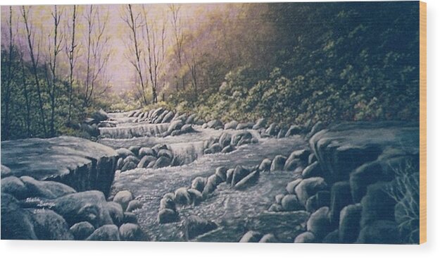 Landscape Wood Print featuring the painting Waterfall by Sheila Banga