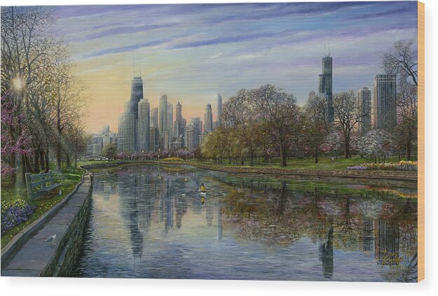 Chicago Skyline Wood Print featuring the painting Spring Serenity by Doug Kreuger