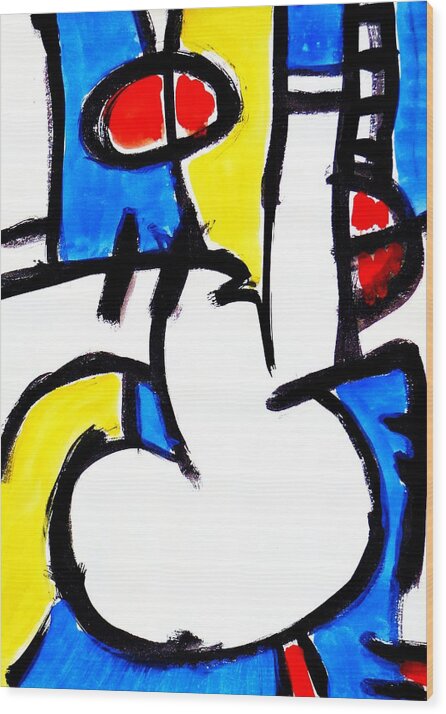 Abstract Wood Print featuring the painting Blue Then Yellow And Red by John Kaelin