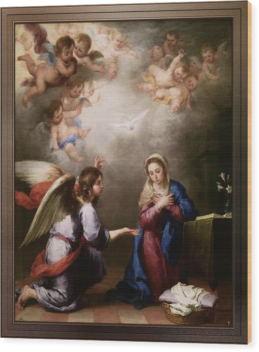 Annunciation Of The Blessed Virgin Mary Wood Print featuring the painting Annunciation of the Blessed Virgin Mary by Bartolome Esteban Murillo by Rolando Burbon