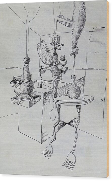 Surreal Wood Print featuring the drawing I don't Know by John Kaelin