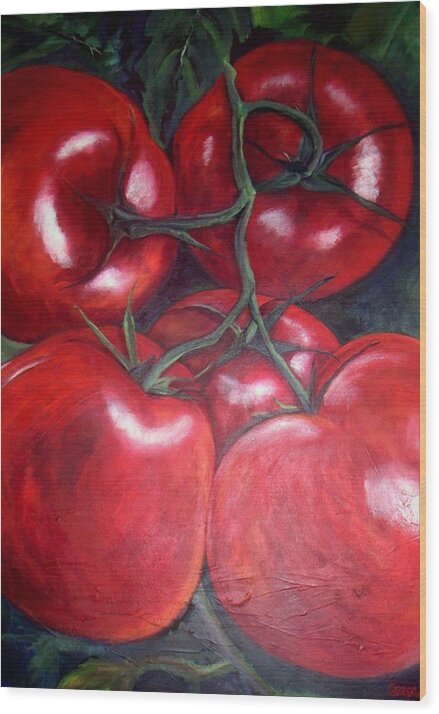 Red Tomatoes Wood Print featuring the painting Vine Ripened by Georgia Mansur