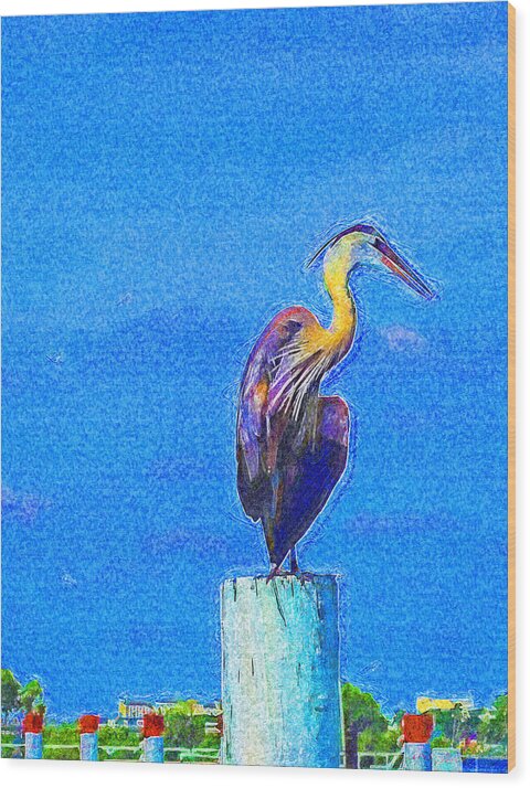 Great Blue Heron Wood Print featuring the digital art Great Blue Heron on Pier Right by Island Hoppers Art