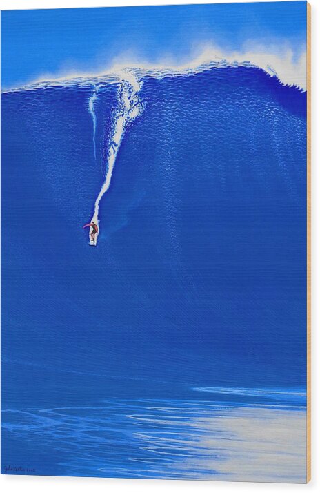 Surfing Wood Print featuring the painting Jaws Way Outside on 1-28-1998 by John Kaelin
