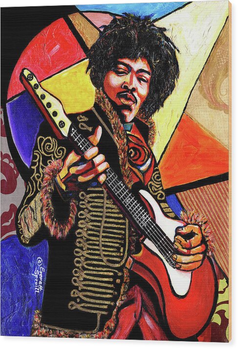 Abstract Wood Print featuring the mixed media Jimi Hendrix by Everett Spruill