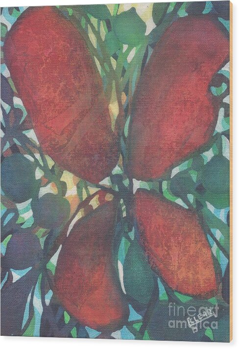 Colorful Imaginary Imaginary Butterfly In A Rainbow-colored Make Believe Tropical Garden. This Vibrant Abstract Butterfly Painting Is The Perfect Accent Piece To Brighten Your Room Or Attract Attention When Added To Any Grouping.  Wood Print featuring the painting Ruby Red Butterfly by Joan Clear