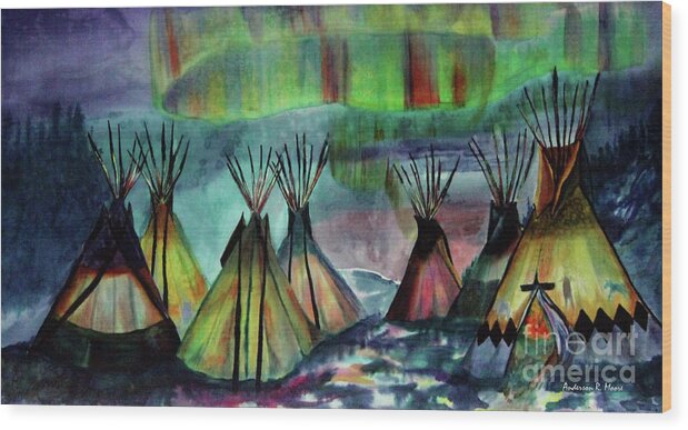 Tipi Wood Print featuring the painting Winter Midnight Skies by Anderson R Moore
