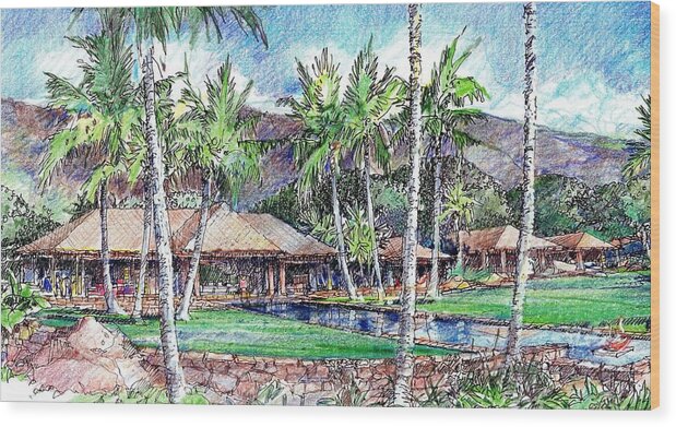 Hawaiian Architecture Wood Print featuring the drawing Kukio Estate by Andrew Drozdowicz
