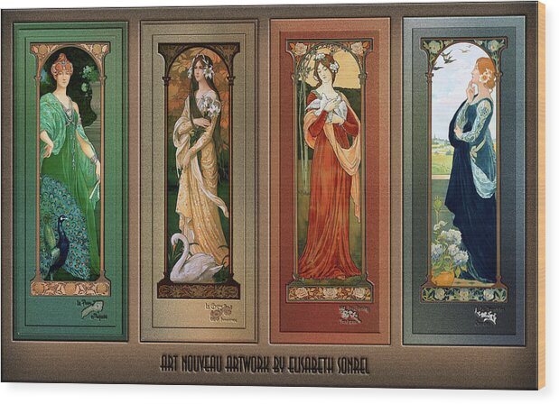 Peacock Wood Print featuring the painting Elisabeth Sonrel Art Nouveau Maiden Bird Series by Rolando Burbon