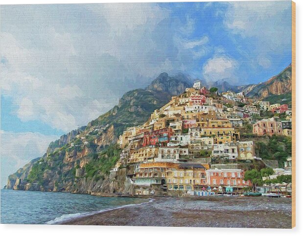 Greeting Card Wood Print featuring the photograph Positano Beach View Painting by Allan Van Gasbeck