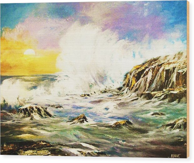Seascapes Wood Print featuring the painting Sunset Breakers by Al Brown