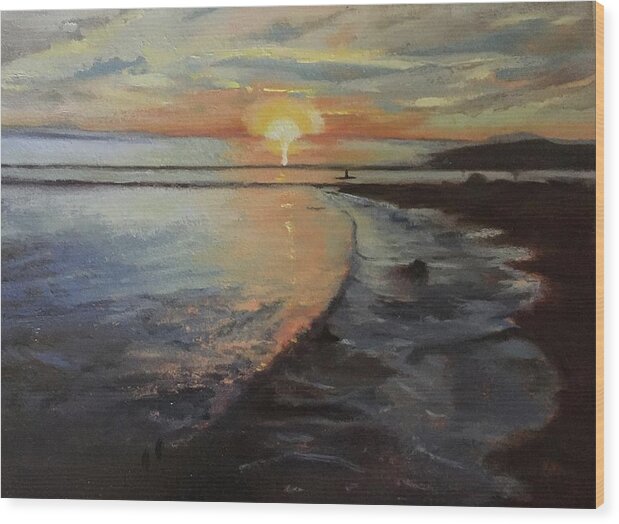 Sun Setting On The Coming Waves Wood Print featuring the painting Sunset Sea by Joyce Snyder