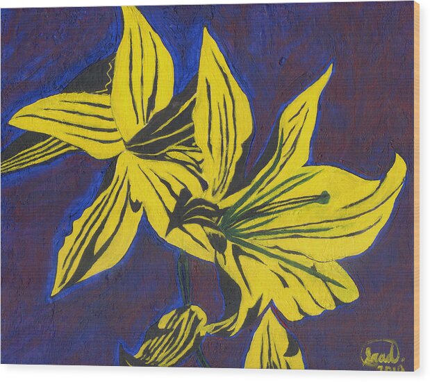 Floral Wood Print featuring the painting Two Yellow Lilies by Saad Hasnain