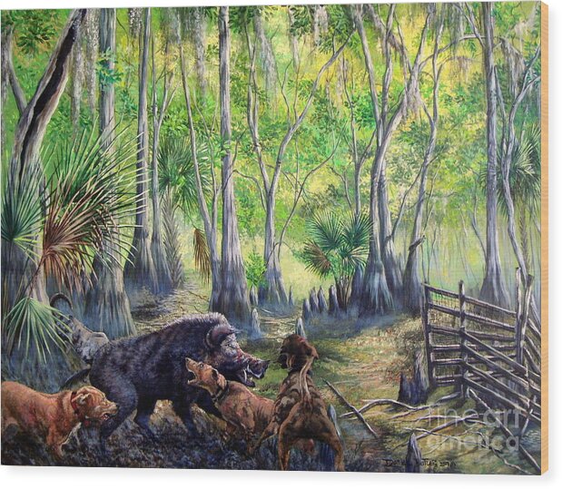Florida Backwoods Wood Print featuring the painting Hogs and Dogs-A Southern Tradition by Daniel Butler