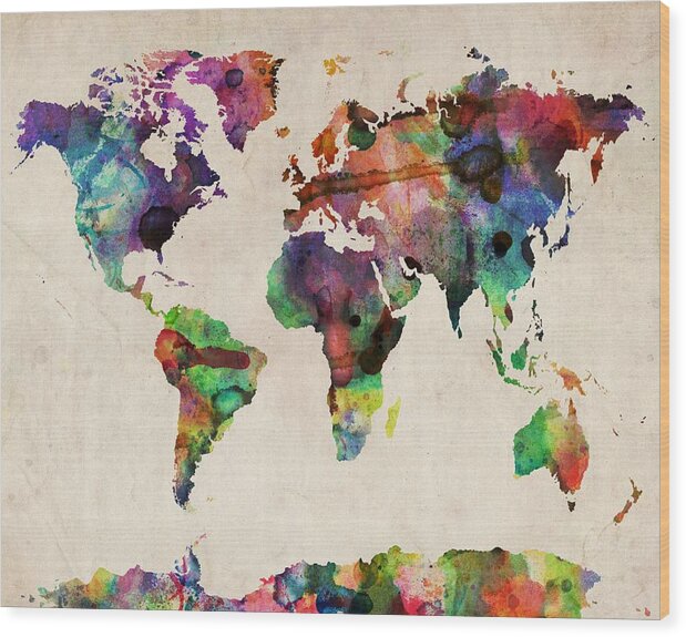  Wood Print featuring the digital art World Map Watercolor 16 x 20 by Michael Tompsett