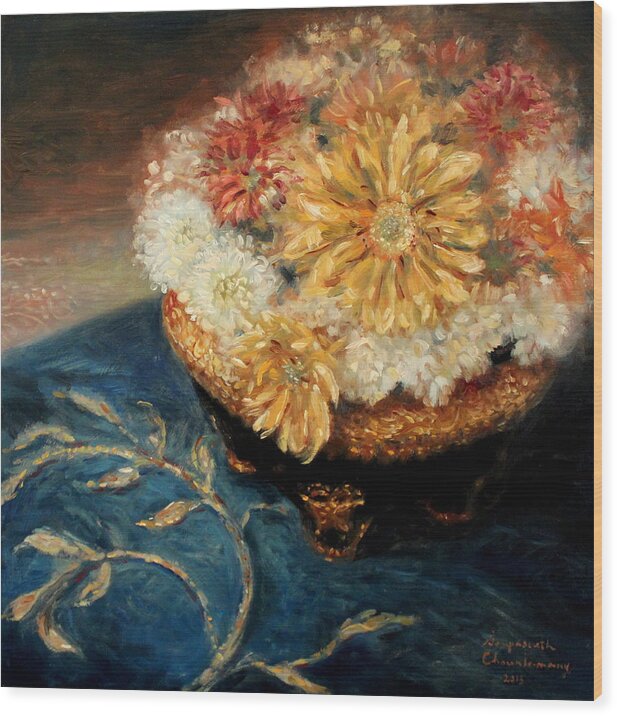 Chrysanthemum Wood Print featuring the painting Autumn Fowers by Sompaseuth Chounlamany