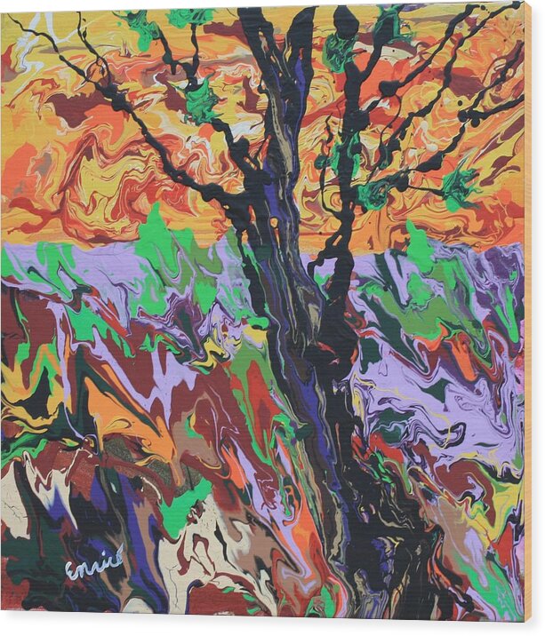 Kaleidoscape Wood Print featuring the painting Lone Oak by Art Enrico