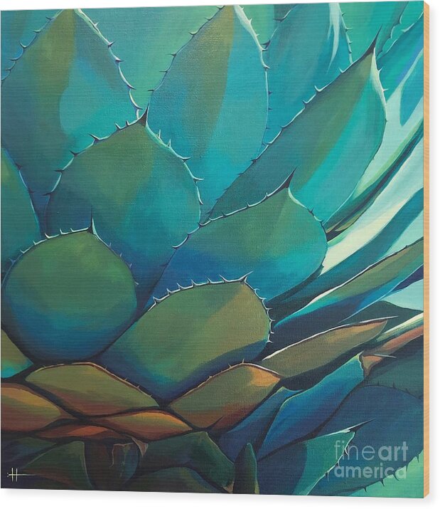 Succulent Wood Print featuring the painting Blue Agave by Hunter Jay