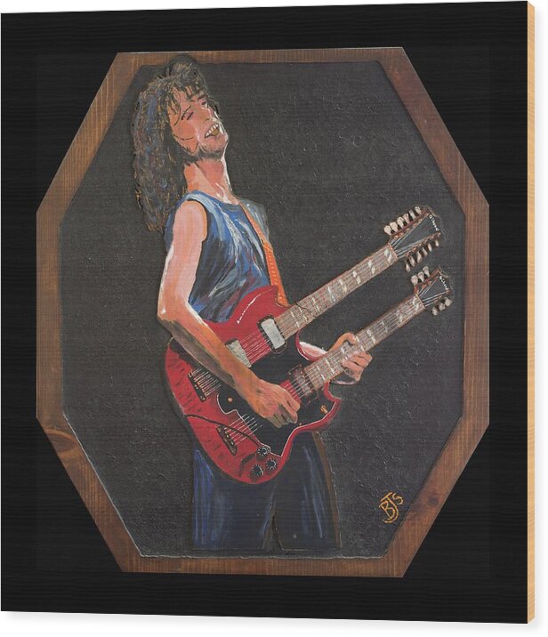 Wood Work Wood Print featuring the painting Jimmy Page and his Double Neck Guitar by Bruce Schmalfuss