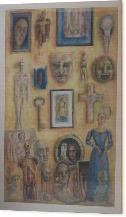 Pastel - Stilllife- Exvotos - Miracles - Mexico - Folk Art- Anatomical - Vanitas Wood Print featuring the drawing Interior With Exvotos by Paez Antonio
