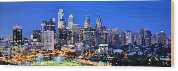 Philadelphia Skyline Wood Print featuring the photograph Philadelphia Skyline at Night Evening Panorama by Jon Holiday