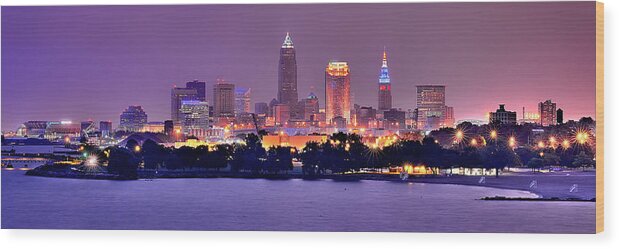 #faatoppicks Wood Print featuring the photograph Cleveland Skyline at Night Evening Panorama by Jon Holiday