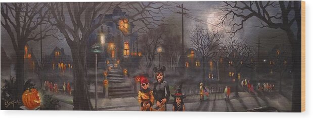 Full Moon Wood Print featuring the painting Halloween Trick or Treat by Tom Shropshire