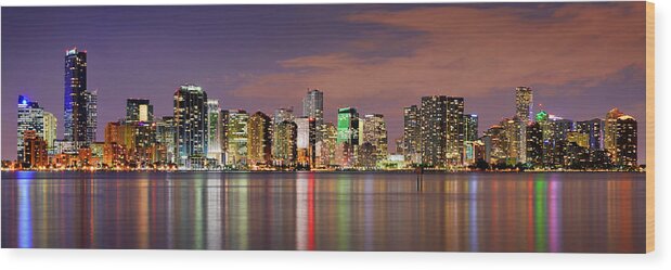 Miami Wood Print featuring the photograph Miami Skyline at Dusk Sunset Panorama by Jon Holiday