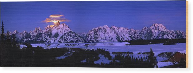 Moon Sets Over Behind The Tetons Panorama Wood Print featuring the photograph Moon Sets Over Behind the Tetons Panorama by Raymond Salani III