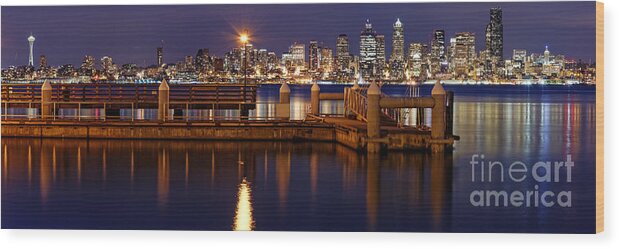 Alki Beach Wood Print featuring the photograph Panorama of Downtown Seattle from Alki Beach - West Seattle Seacrest Park Washington State by Silvio Ligutti