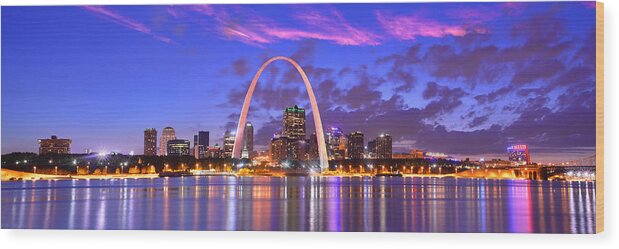#faatoppicks Wood Print featuring the photograph St. Louis Skyline at Dusk Gateway Arch Color Panorama Missouri by Jon Holiday