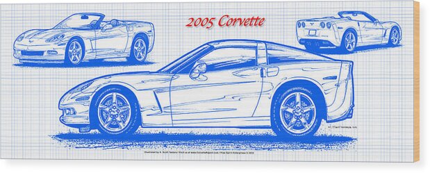 2005 Corvette Wood Print featuring the digital art 2005 Corvette Blueprint Series #1 by K Scott Teeters