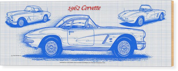 1962 Corvette Wood Print featuring the digital art 1962 Corvette Blueprint by K Scott Teeters