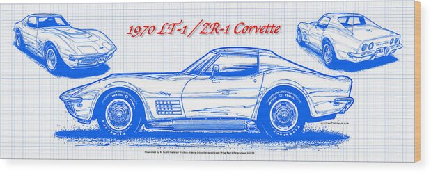 1970 Corvette Wood Print featuring the digital art 1970 LT-1 and ZR-1 Corvette Blueprint by K Scott Teeters