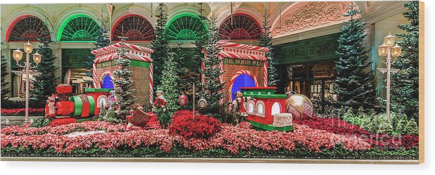 Bellagio Christmas Tree Wood Print featuring the photograph Bellagio Christmas Train Decorations Panorama 2017 by Aloha Art