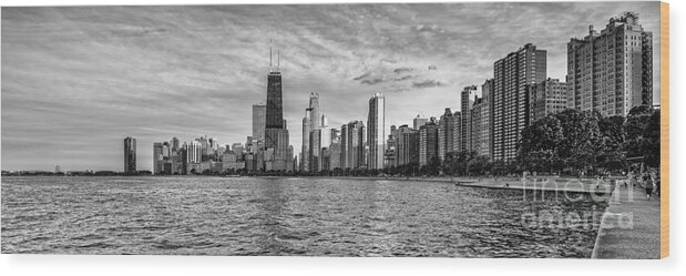 Windy Wood Print featuring the photograph Black and White Panorama of Chicago from North Avenue Beach Lincoln Park - Chicago Illinois by Silvio Ligutti
