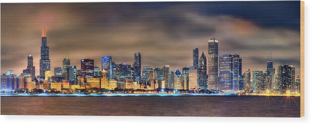 Chicago Wood Print featuring the photograph Chicago Skyline at NIGHT Panorama Color 1 to 3 Ratio by Jon Holiday