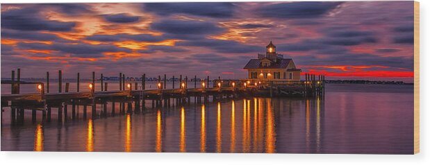 Roanoke Marshes Lighthouse Wood Print featuring the photograph Fire in the Sky by C Renee Martin