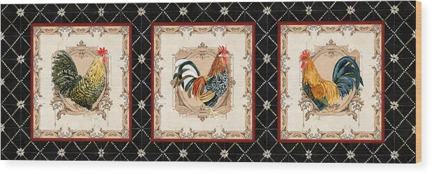 Etched Wood Print featuring the painting French Country Vintage Style Roosters - Triplet by Audrey Jeanne Roberts