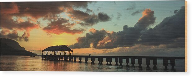 Hanalei Pier Wood Print featuring the photograph Hanalei Pier Sunset Panorama by James Eddy