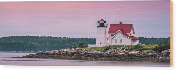Maine Wood Print featuring the photograph Maine Hendricks Head Lighthouse in Southport at Sunset by Ranjay Mitra