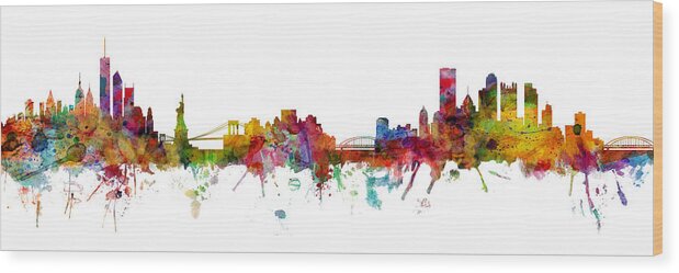 Pittsburgh New York Mashup Wood Print featuring the digital art New York and Pittsburgh Skyline Mashup by Michael Tompsett