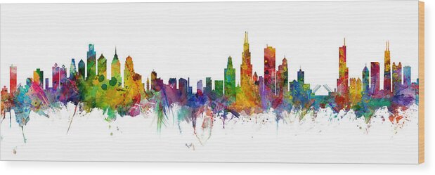 Chicago Wood Print featuring the digital art Philadelphia and Chicago Skylines Mashup by Michael Tompsett