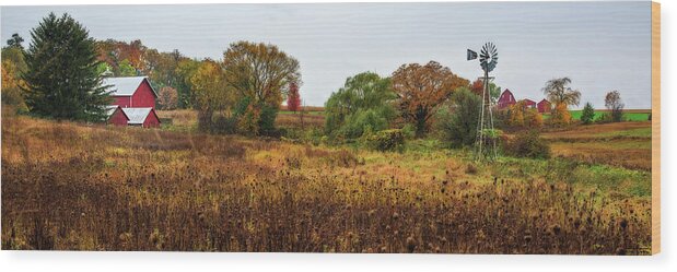 Wisconsin Countryside Farm Dairy Windmill Barns Red Panorama Horizontal Autumn Fall Scenic Landscape Wood Print featuring the photograph Quintessential Wisconsin #2 by Peter Herman