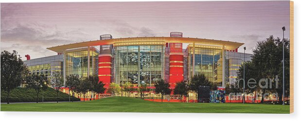 Downtown Wood Print featuring the photograph Sunrise Panorama of George R Brown Convention Center in Downtown Houston - Texas by Silvio Ligutti