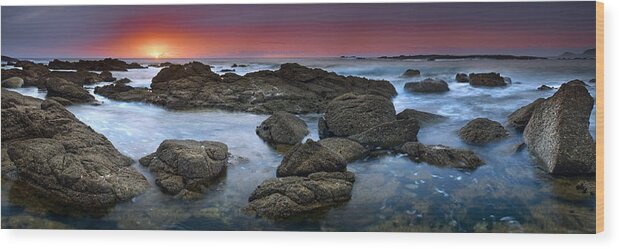#panoramic #seascape #sea #beautiful #orange #rocks #waves #cornwall #relaxing #striking #colourful #sunset #panorama #sand #england #smooth #still #ocean #sharp #texture #ruff #scenic #long #summer #evening #blue #cold #panoramic Wood Print featuring the photograph The Rock labyrinth by John Chivers