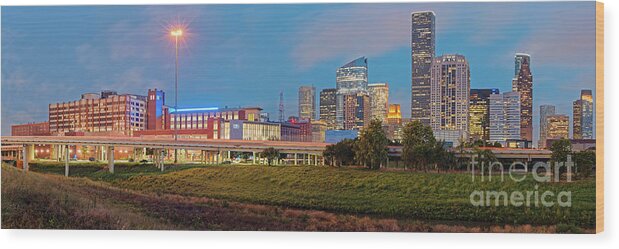 Downtown Wood Print featuring the photograph Twilight Panorama of Downtown Houston Skyline and University of Houston - Harris County Texas by Silvio Ligutti