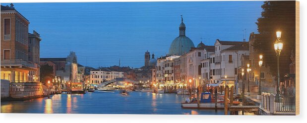 Venice Wood Print featuring the photograph Venice canal night panorama by Songquan Deng